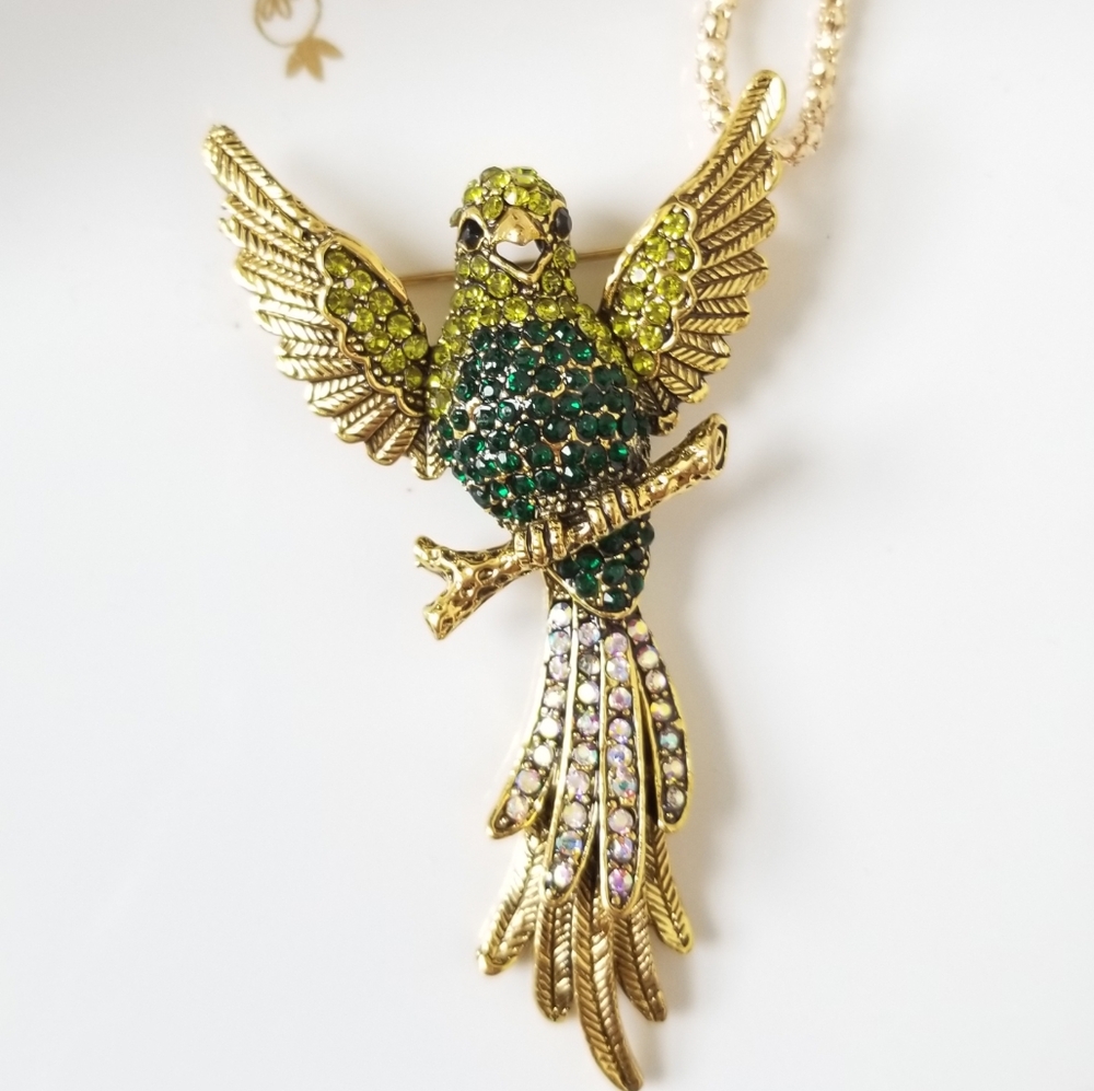 Green Parrot Branch Brooch Pendant Necklace NWT
